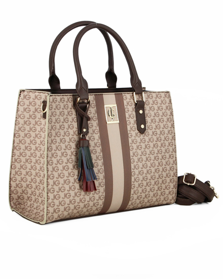 Immagine di JUST GOLF - Borsa due manici taupe con logo metallico frontale e pennacchio a frange multicolor, tracolla removibile