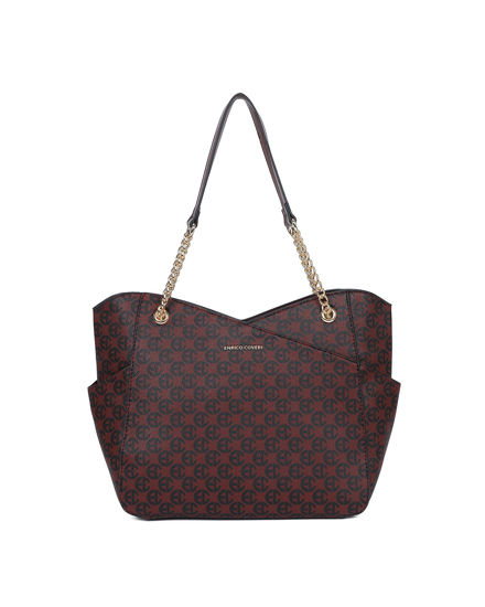 Immagine di ENRICO COVERI - Borsa shopping loggata bordeaux con tasche laterali e manici con catena