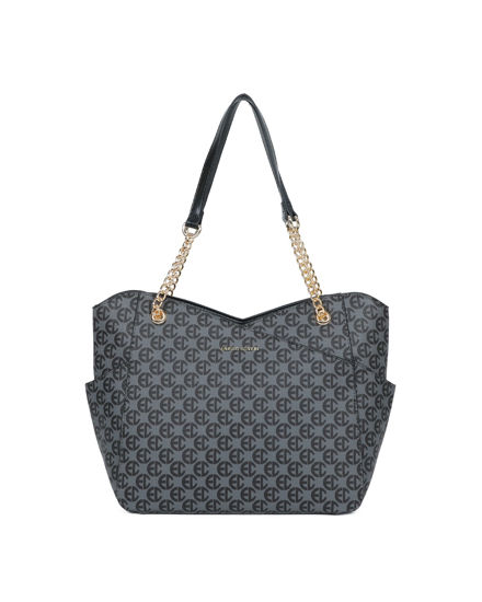 Immagine di ENRICO COVERI - Borsa shopping loggata grigia/nera con tasche laterali e manici con catena