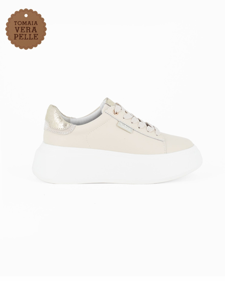 Immagine di MISS GLOBO - ORA - Scarpa beige da donna in VERA PELLE con lacci e patch oro