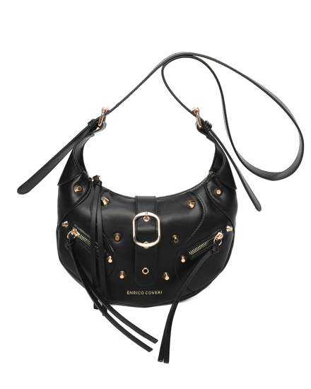 Immagine di ENRICO COVERI - Borsa tracolla nera con tasca posteriore e pattina, dettaglio borchie e frange