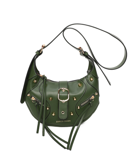 Immagine di ENRICO COVERI - Borsa tracolla verde con tasca posteriore e pattina, dettaglio borchie e frange