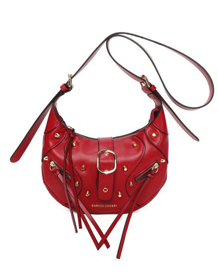 Immagine di ENRICO COVERI - Borsa tracolla rossa con tasca posteriore e pattina, dettaglio borchie e frange