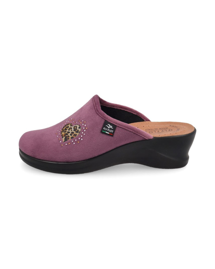 Immagine di FLY FLOT - Pantofola lilla da donna in velluto con cuore leopardato e sottopiede in VERA PELLE, MADE IN ITALY