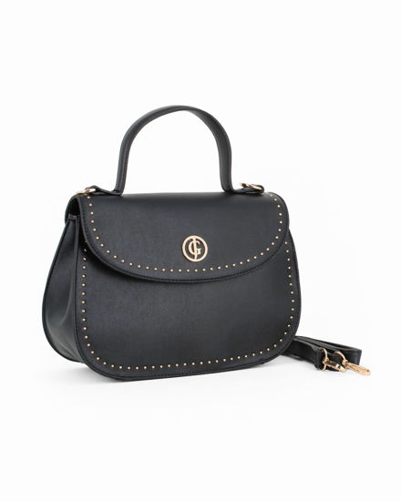 Immagine di JUST GOLF - Borsa a mano nera con patta e dettaglio borchie oro, tracolla removibile