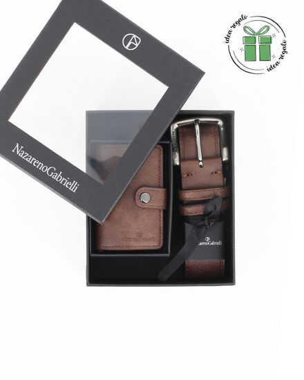 Immagine di NAZARENO GABRIELLI - Set regalo composto da cintura e portacarte tabacco in VERA PELLE