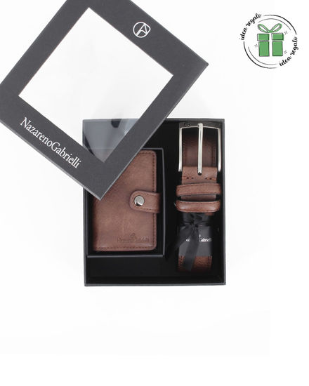 Immagine di NAZARENO GABRIELLI - Set regalo composto da cintura e portacarte tabacco in VERA PELLE