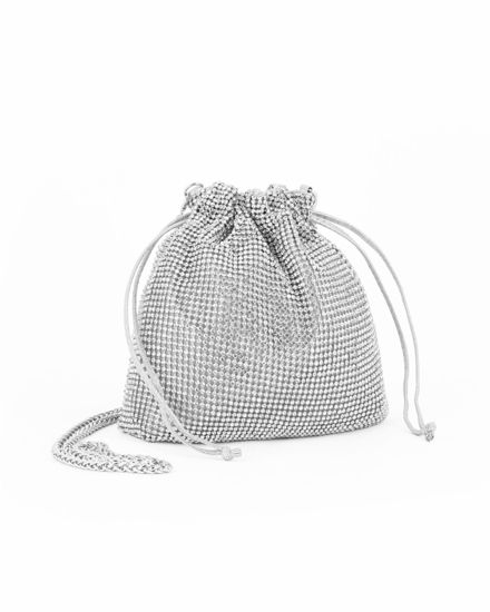 Immagine di DIVAS - Minibag a sacchetto argento rivestita di strass con coulisse