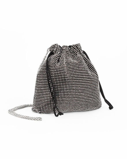 Immagine di DIVAS - Minibag a sacchetto nera rivestita di strass con coulisse