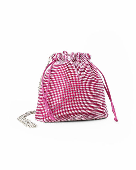 Immagine di DIVAS - Minibag a sacchetto fuxia rivestita di strass con coulisse