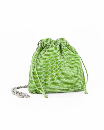 Immagine di DIVAS - Minibag a sacchetto verde rivestita di strass con coulisse