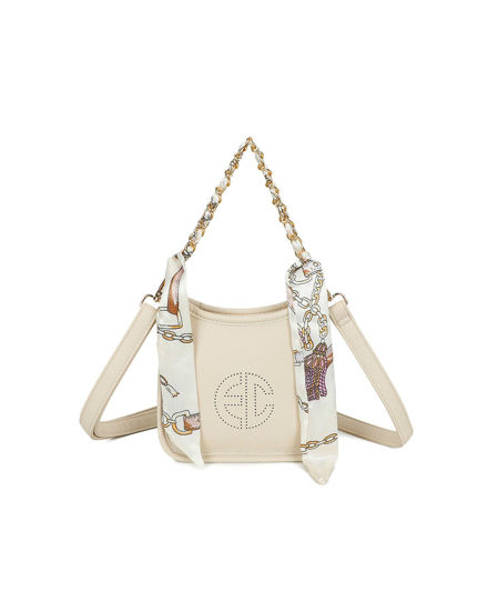 Immagine di ENRICO COVERI - Minibag beige con logo frontale e manico a catena con foulard, tracolla removibile