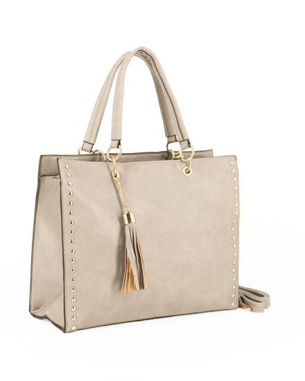 Immagine di NARDINI - Borsa shopping beige con tasca posteriore, pennacchio a frange e dettaglio rivetti