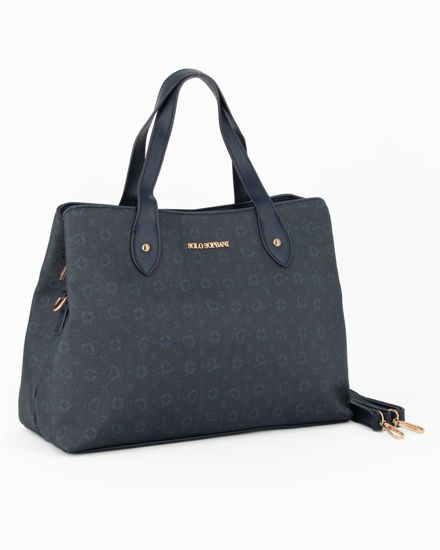 Immagine di SOLO SOPRANI - Borsa due manici blu loggata con tre scomparti principali, tracolla removibile