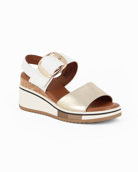 Immagine di DIVAS - Sandalo bianco e oro con doppia fascia frontale e fibbia, zeppa 6CM