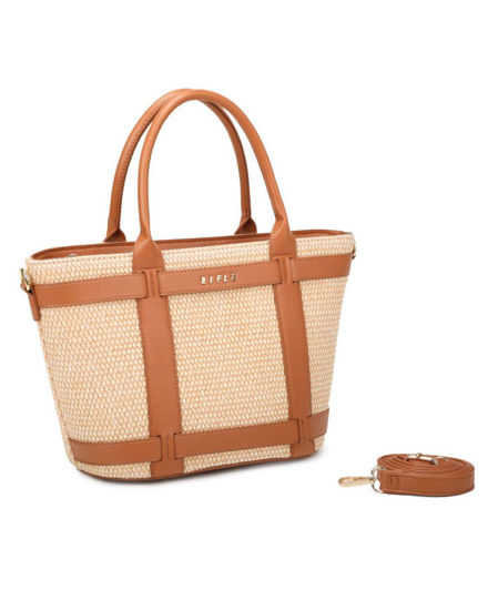 Immagine di RIFLE - Borsa due manici beige con tre scomparti interni e trama a intreccio, tracolla removibile