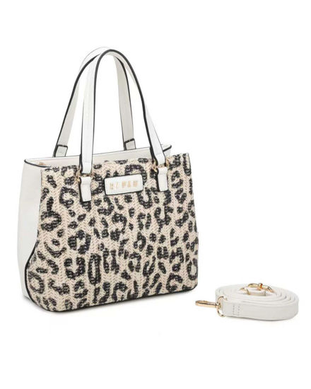 Immagine di RIFLE - Borsa due manici beige con tre scomparti interni e trama frontale zebrata a intreccio, tracolla removibile