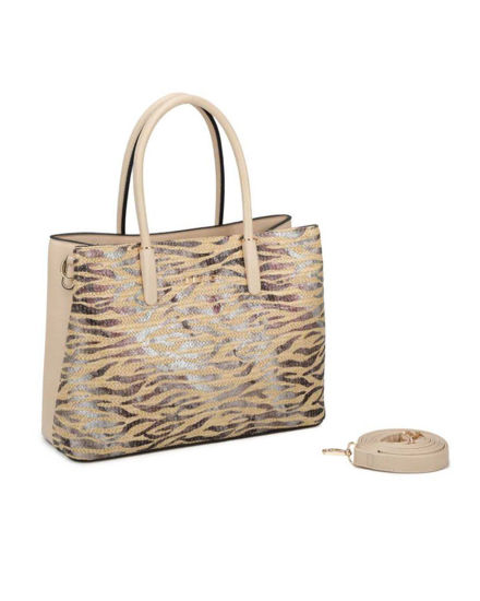 Immagine di RIFLE - Borsa due manici beige con tre scomparti interni e trama frontale zebrata a intreccio, tracolla removibile