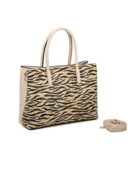 Immagine di RIFLE - Borsa due manici beige con tre scomparti interni e trama frontale zebrata a intreccio, tracolla removibile