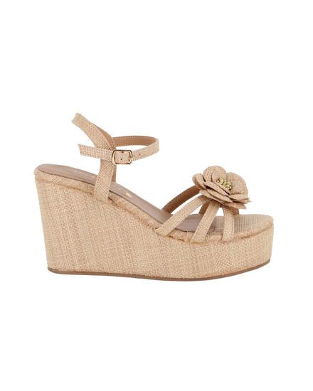 Immagine di MISS GLOBO - Sandalo beige con fiore e sottopiede in VERA PELLE, zeppa 8,5CM