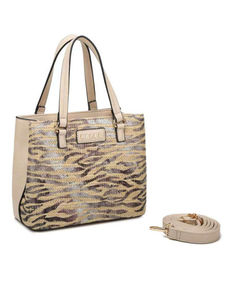 Immagine di RIFLE - Borsa a due manici beige con tre  scomparti interni e trama frontale zebrata a intreccio, tracolla removibile