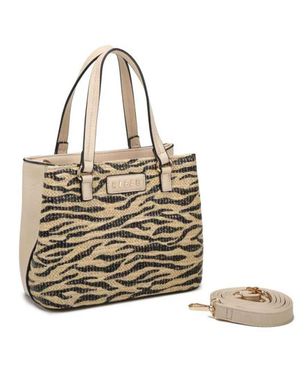Immagine di RIFLE - Borsa a due manici beige con tre  scomparti interni e trama frontale zebrata a intreccio, tracolla removibile