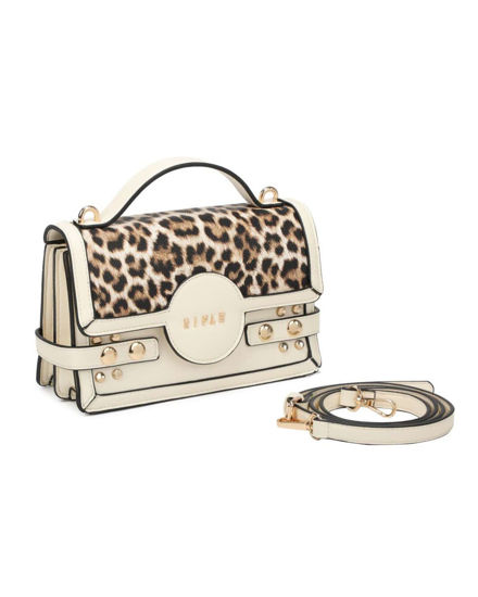 Immagine di RIFLE - Borsa a mano beige con patta maculata e due scomparti interni, tracolla removibile