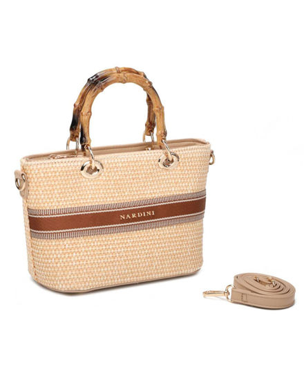 Immagine di NARDINI - Minibag beige in paglia con manici in bamboo, tracolla removibile