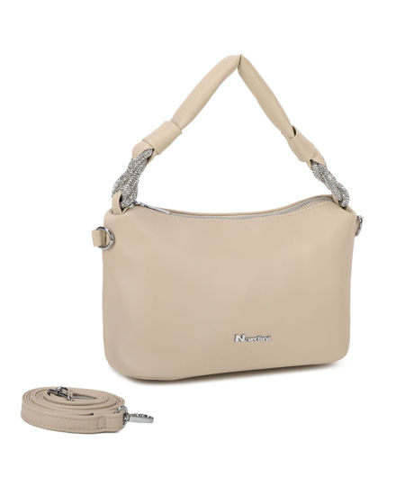 Immagine di NARDINI - Borsa a mano beige con nodo in strass sul manico e tracolla removibile