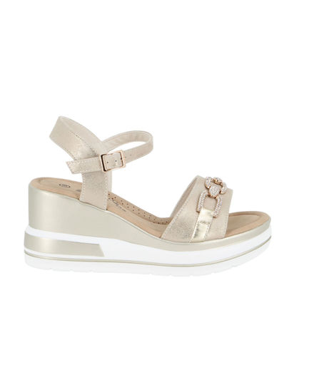 Immagine di MISS GLOBO - Sandalo platform beige con sottopiede in memory soft e morsetto in strass, tacco 7CM