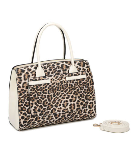 Immagine di NARDINI - Borsa a due manici beige con parte frontale maculata e dettaglio morsetto, tracolla removibile