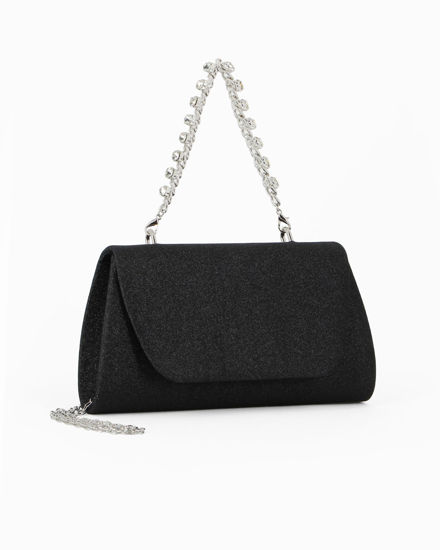 Immagine di DIVAS - Pochette nera glitter con patta e manico gioiello, tracolla removibile