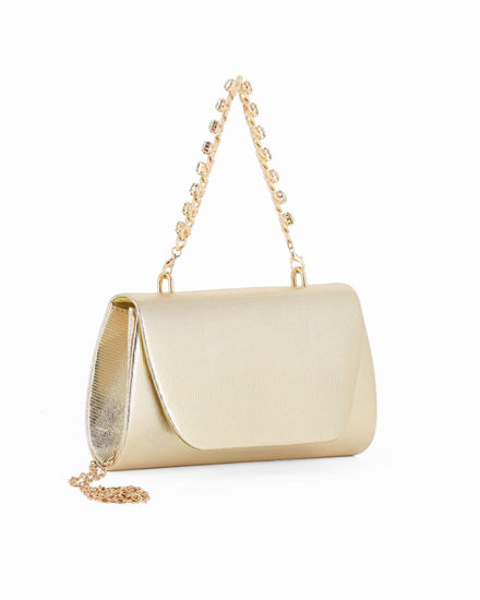 Immagine di DIVAS - Pochette oro effetto pitonato con patta e manico gioiello, tracolla removibile