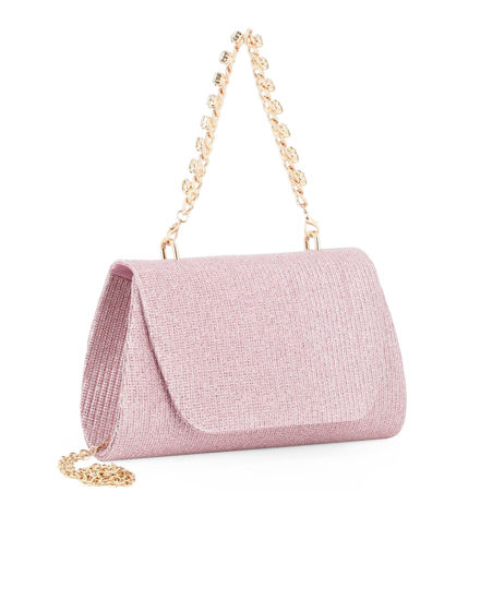 Immagine di DIVAS - Pochette rosa in lurex con patta e manico gioiello, tracolla removibile