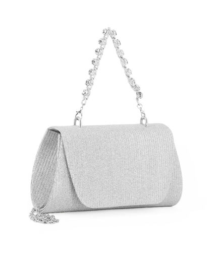 Immagine di DIVAS - Pochette argentata in lurex con patta e manico gioiello, tracolla removibile