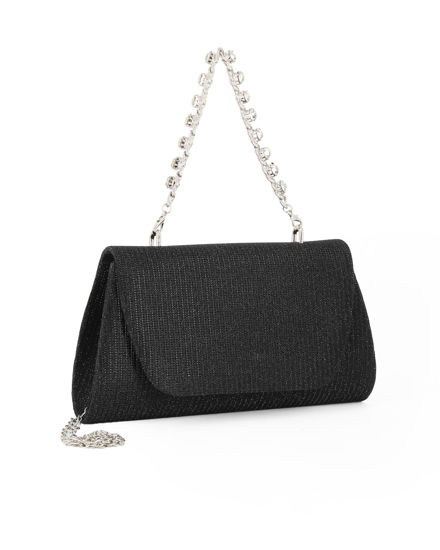 Immagine di DIVAS - Pochette nera in lurex con patta e manico gioiello, tracolla removibile