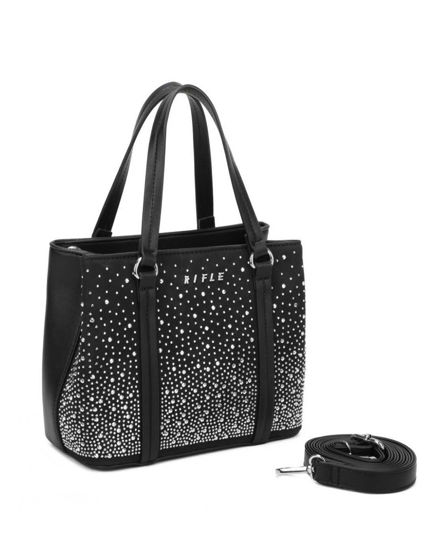 Immagine di RIFLE - Minibag a due manici nera con strass, tracolla removibile
