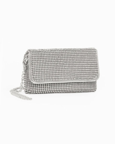 Immagine di DIVAS - Pochette argento tutta strass con patta, tracolla removibile