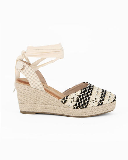 Immagine di MISS GLOBO - Espadrillas beige e nera con lacci alla caviglia e dettaglio paillettes, zeppa 7,5CM