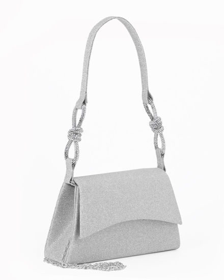 Immagine di MISS GLOBO - Pochette argento in lurex con patta, nodi con strass sul manico, tracolla removibile