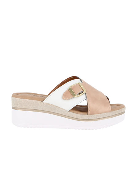 Immagine di STARLIGHT - Ciabatta platform bianca e beige con fibbia e sottopiede in VERA PELLE, tacco 5,5CM - MADE IN ITALY