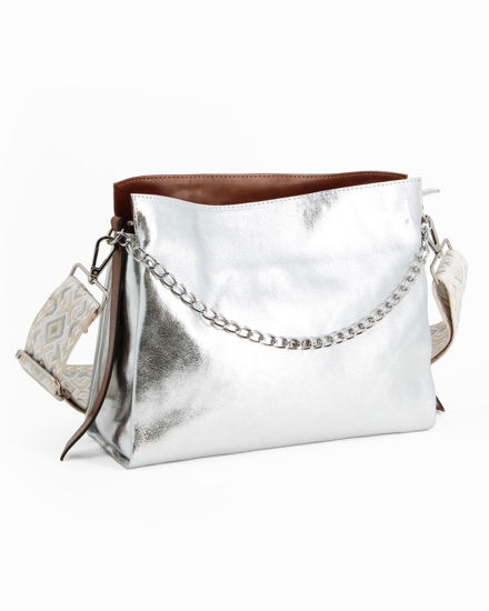 Immagine di DIVAS - Borsa sacca argento in VERA PELLE con tracolla nastro - MADE IN ITALY