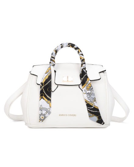 Immagine di ENRICO COVERI - Borsa a due manici bianca con mini patta e foulard sul manico, tracolla removibile