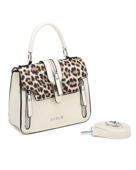 Immagine di RIFLE - Borsa a mano beige con patta maculata e taschino posteriore, tracolla removibile