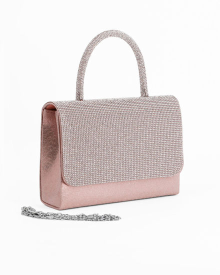 Immagine di DIVAS - Pochette rosa con patta e manico in strass, tracolla removibile