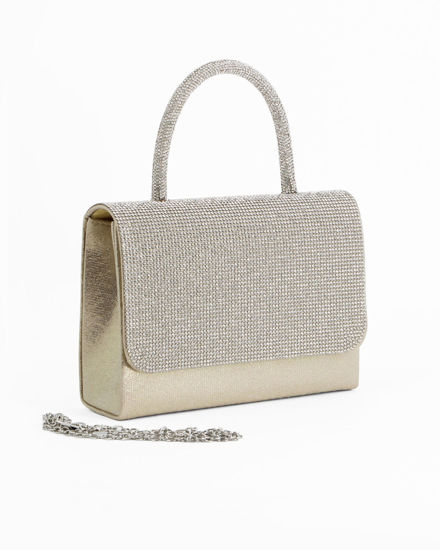 Immagine di DIVAS - Pochette oro con patta e manico in strass, tracolla removibile