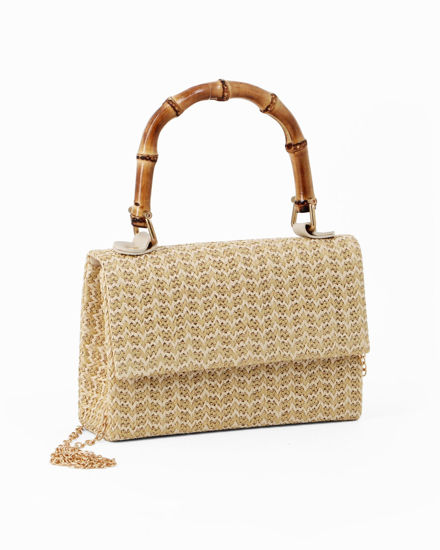 Immagine di DIVAS - Pochette crema con trama ad intreccio e manico in bamboo, tracolla removibile