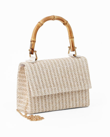 Immagine di DIVAS - Pochette bianca con trama ad intreccio e manico in bamboo, tracolla removibile