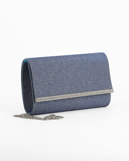 Immagine di DIVAS - Pochette blu glitterata con filo di strass sulla patta, tracolla removibile