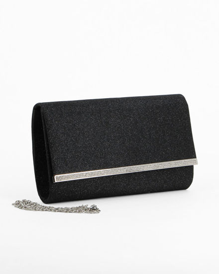 Immagine di DIVAS - Pochette nera glitterata con filo di strass sulla patta, tracolla removibile